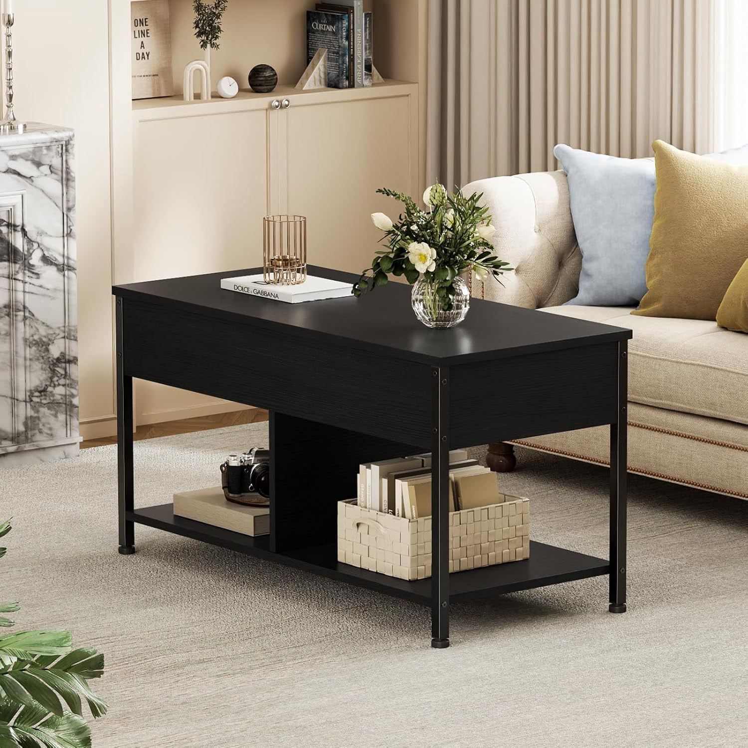 Coffee Table, Lift Top Living Room Coffee Table, Dining Center Tables with Storage Shelf and Hidden Compartment, Black