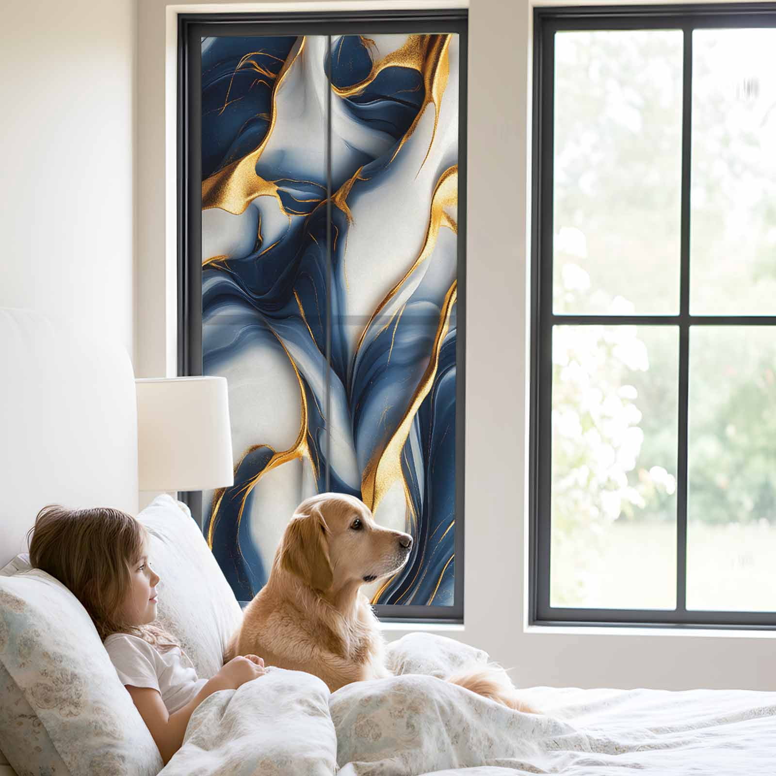 Navy Blue Marble Window Privacy Film, Gold Modern Art Static Cling UV Sun Blocking Heat Control Window Tint Day and Night, Non-Adhesive Reusable One Way Windows Privacy Cover 23.6''x59''