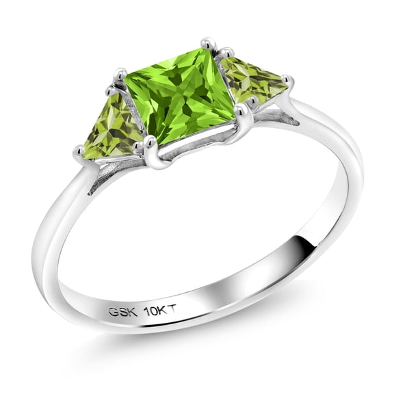 Gem Stone King 10K White Gold Green Peridot 3 Stone Engagement Ring for Women (1.09 Cttw, Gemstone August Birthstone, Princess Center 5MM, Trillion 3.5MM, Size 5)