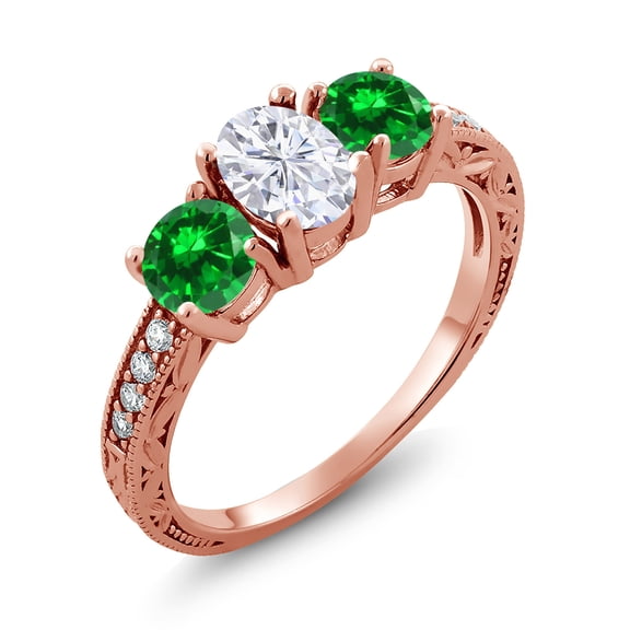 Gem Stone King 18K Rose Gold Plated Silver Green Created Emerald Ring Set with Moissanite (2.70 Cttw) (Size 5)
