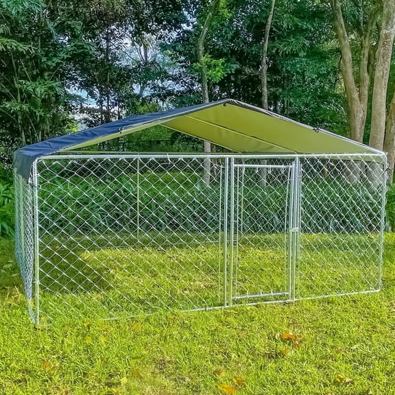 10x10 ft Outdoor Dog Kennel with Roof Cover, Galvanized Steel Dog Run, Backyard Pet Enclosure for Small to Large Dogs
