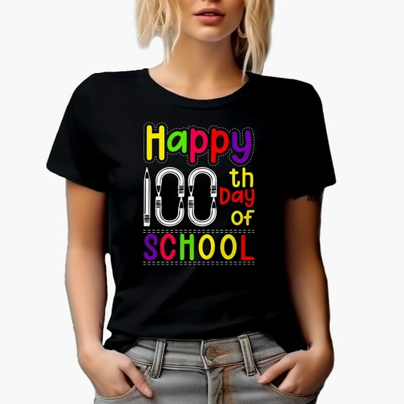 Happy 100th Day of School with Pencil Art, Black T-Shirt, Small