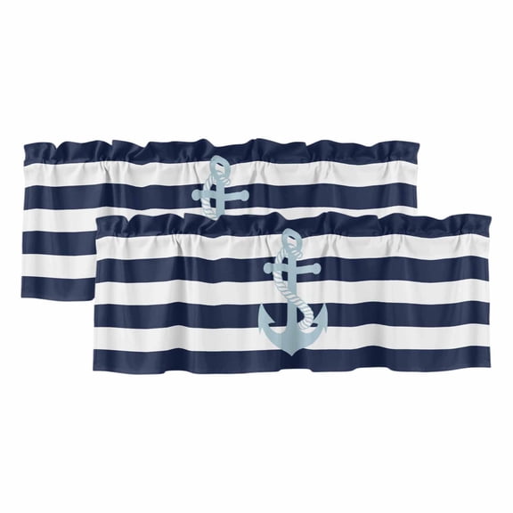 2 Panels Navy Blue Stripe Nautical Valance for Windows, Aqua Anchor Summer Coastal Light Filtering Kitchen Curtains, Rod Pocket Window Treatment Curtain Valances for Living Room Bedroom, 42"x12"