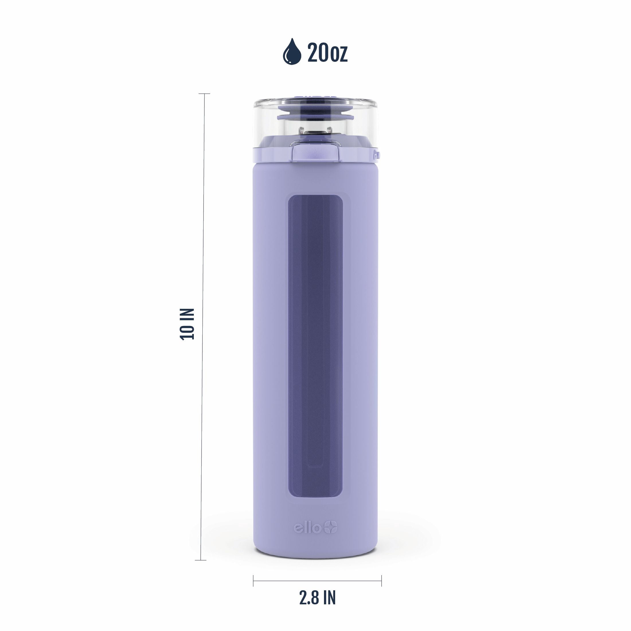Ello Clara 20oz Reusable Glass Water Bottle with One-Touch Leak Proof Flip Lid, Protective Non-Slip Silicone Sleeve, Carry Loop for Coffee, Tea and Water, BPA-free, Dishwasher Safe, Tropical Violet