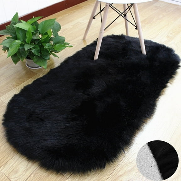 FUDAKUNA Fluffy Shaggy Rugs Oval 24" x 36" Soft Plush Black Faux Sheepskin Non Slip Backing Carpet Cushion
