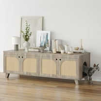 ZephyPaws 58 in Cat Litter Box Enclosure for 2 Cats,Hidden Litter Boxes Furniture with Rattan Cat Scratch Pad,Large Indoor Pet House with Double Room,Wooden TV Stand Side Table,Grey