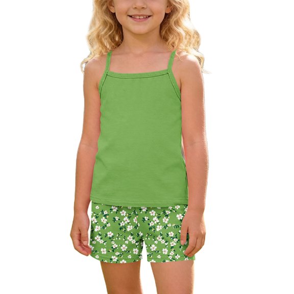 Qingpeng Girls Summer Sleeveless Tank Top and Shorts Floral Print Matching Outfit Set for Kids