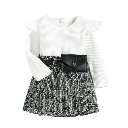 

YYDGH Autumn Outfit Solid Color Ribbed Long Sleeve Tops+Plaid Skirts Bag Set Outfit Kid Girls Clothes Sets(White 3 Years)