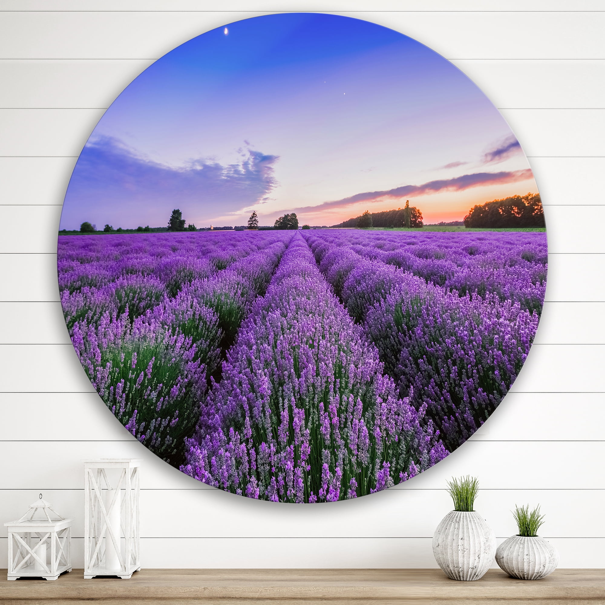 Designart 'Dramatic Clouds and Sunrise Over Lavender Field II' Farmhouse Circle Metal Wall Art 36x36 - Disc of 36