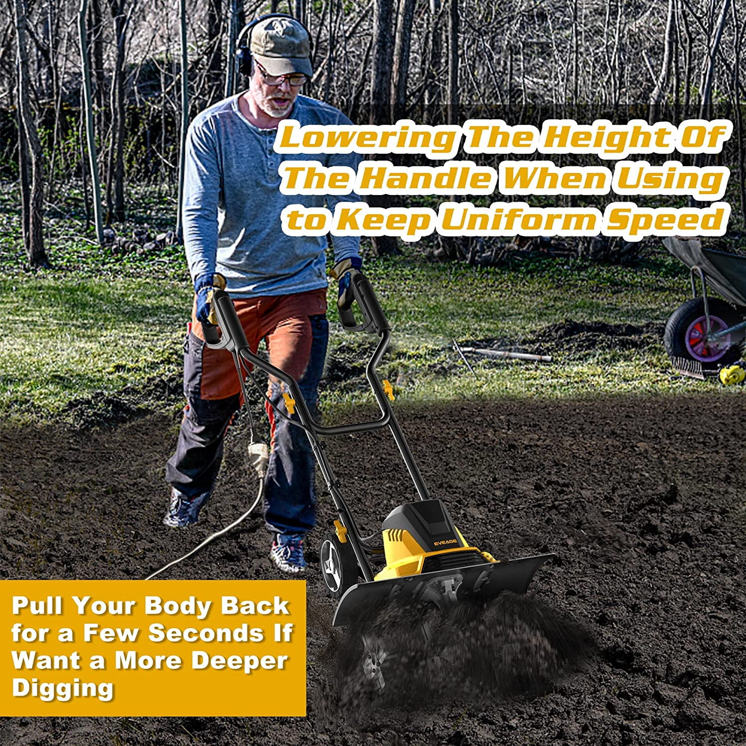 EVEAGE Electric Tiller,18 in Power Tillers and Cultivators Electric,13.5AMP Rototiller Cultivator,Yellow