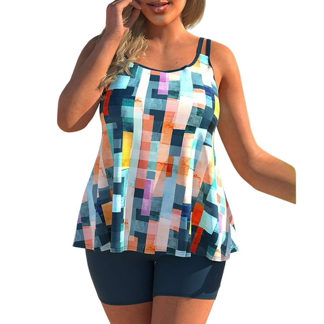 Women Tankini Swimsuits Tummy Control Two-Piece Bathing Suit Flowy Tank Top with Boyshorts Swimwear