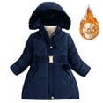 thumbnail image 2 of Huowey Girls Winter Coat Long Sleeve Solid Color Hooded Zipper Padded Jacket Mid-Length Plus Thickening Warm Tops With Elastic Belt Fashion Heavyweight Comfy Outwear,Navy,5-6 Years, 2 of 4