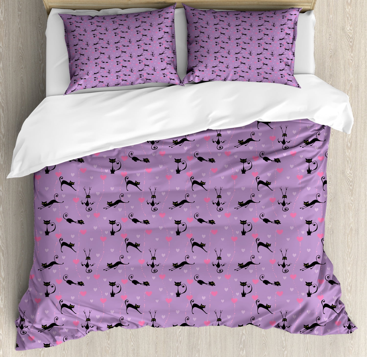 Teen Room Duvet Cover Set Little Kittens Pattern With Heart Figures Caricature Funny Cat Cartoon Decorative Bedding Set With Pillow Shams Violet Pink Black By Ambesonne Walmart Com Walmart Com