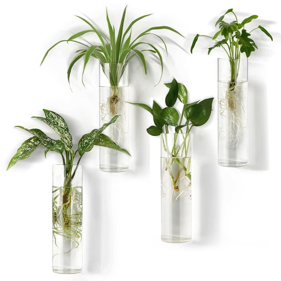 Wall Plant Propagation Station Hanging Glass Plant Vase, 4PCS Wall Planters for Indoor Plants, Wall Vase, Cylinder Shape, Perfect for Propagating Hydroponic Plants Home Office Garden Decor