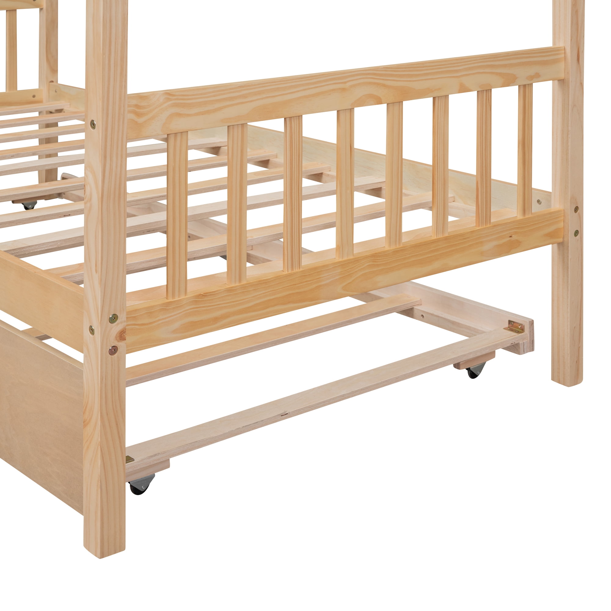 Bellemave Twin Size House Bed with Trundle, Wood Platform Bed Frame with House Shape Roof forTeens(Natural)