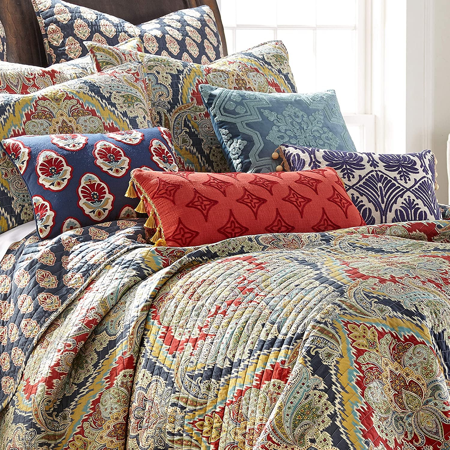 Levtex Home - Moreno Quilt Set - King Quilt + Two King Pillow Shams - Traditional Damask - Red, Blue, Grey, Gold, Teal - Quilt (106x92in.) and Pillow Shams (36x20in. ) - Reversible - Cotton