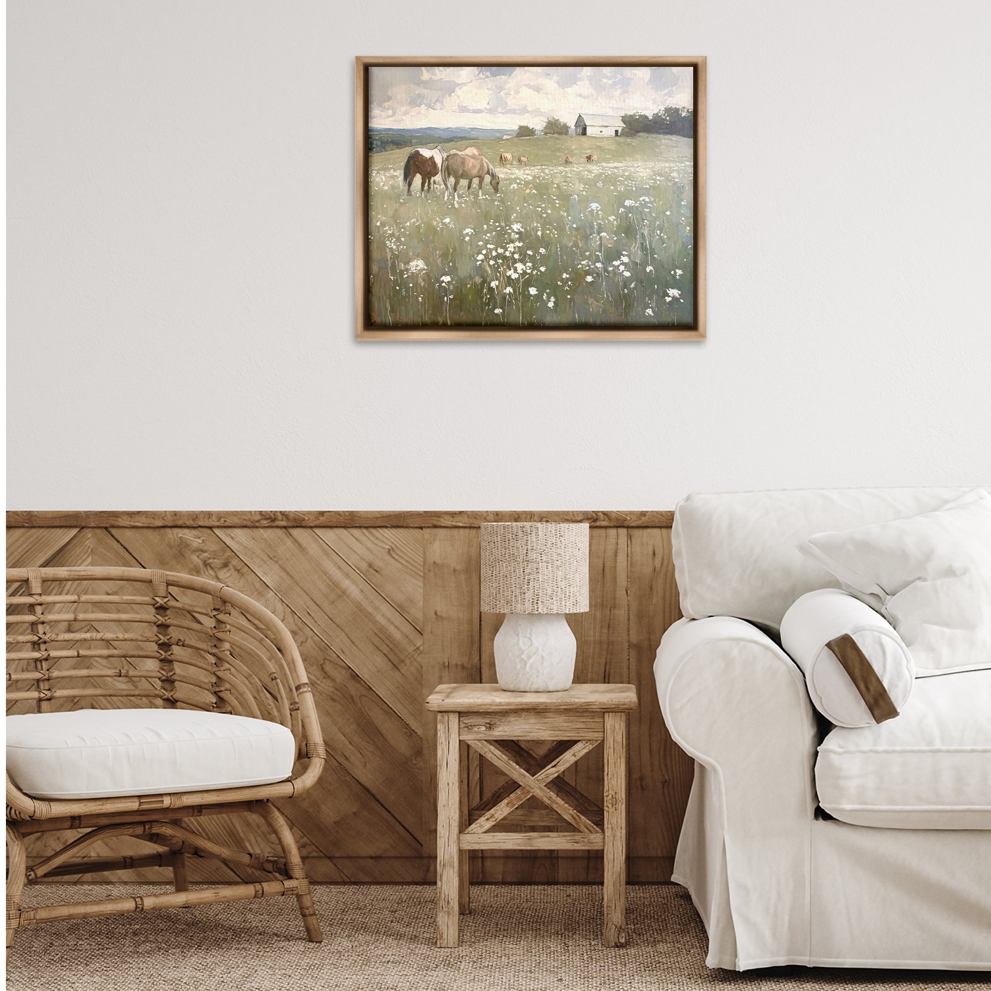 Stupell Industries Horses in Pasture Landscape Painting Brown Floater Framed Canvas Art Print Wall Art, 31 x 25