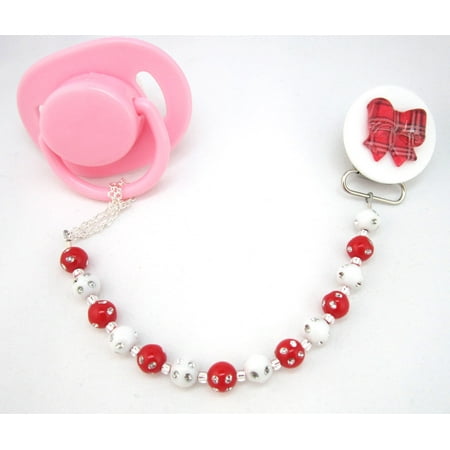 Red Bow Pacifier Clip with Matching Beads