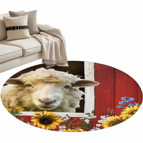 Sheep Flowers Round Area Rugs Collection 4', Country Red Barn Botanical Sunflowers Non Slip Indoor Circular Throw Runner Rug Floor Mat Carpet for Living Room Dining Table Bedroom Nursery