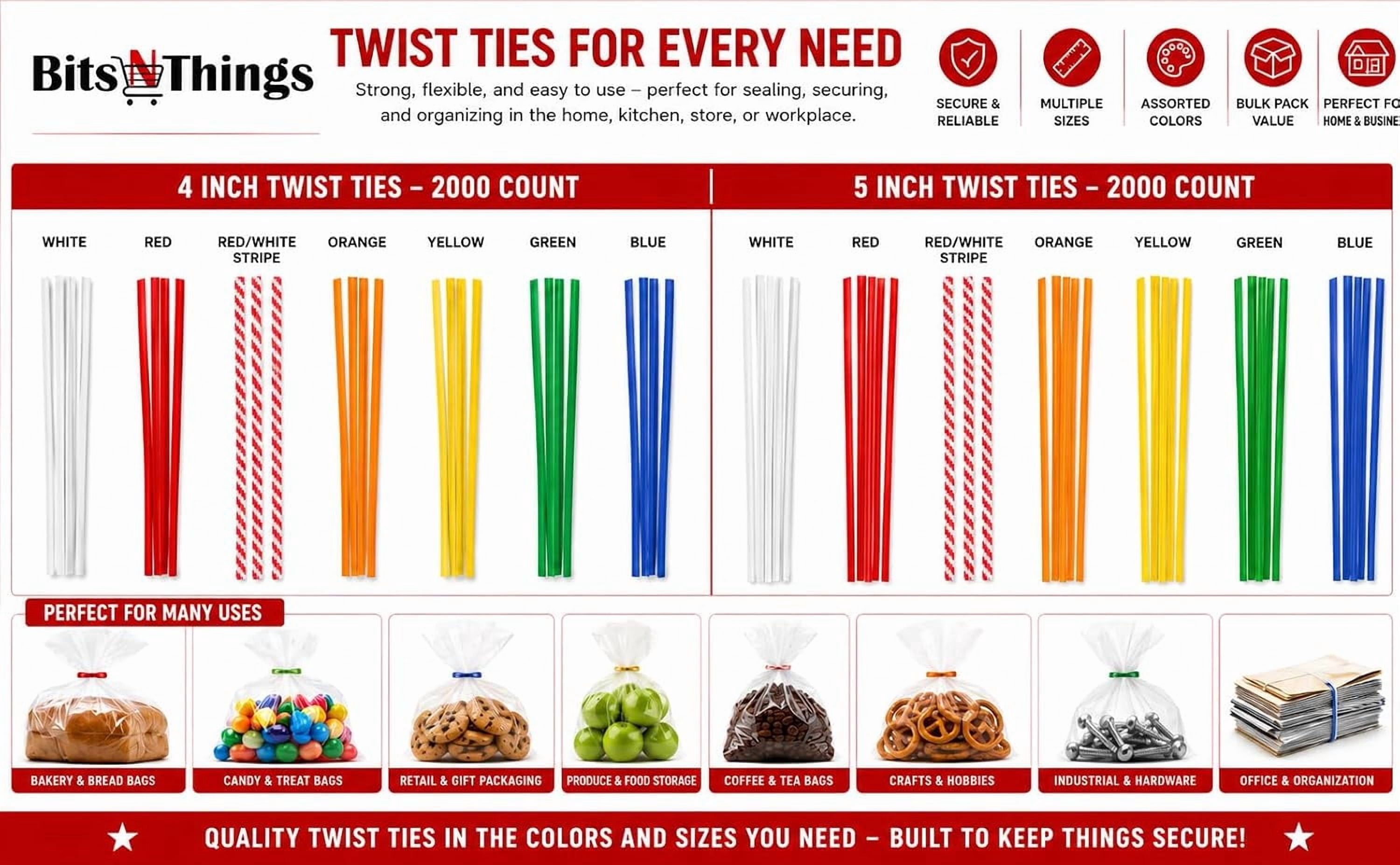 4 Inch Red Twist Ties - 2000 Count - Paper Coated Wire Bag Ties - Bread ...