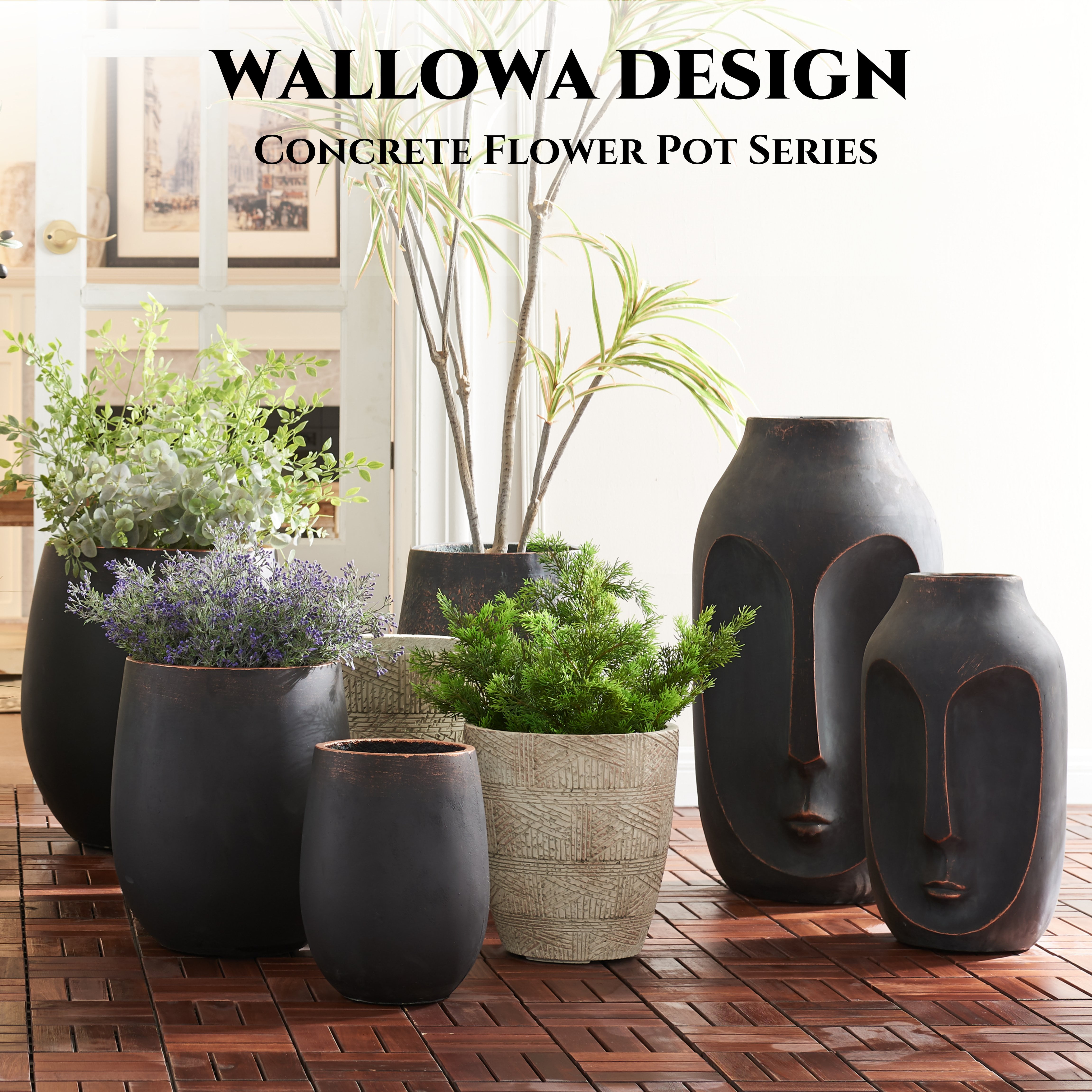 Wallowa 17.7"+13.3"+9.5" Dia Round Concrete Planter Set of 3, Black with Gold Rim, Large Flower Pots with Drainage Holes