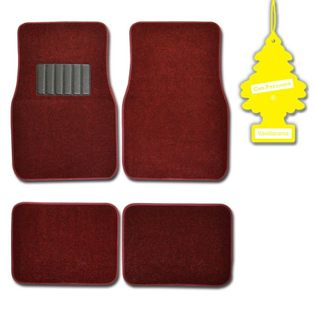 Burgundy 4 Pc Universal Carpet Car Mats w/ Heel Pad + Little Tree Vanilla, Protects against spills, stains, dirt and debris. By