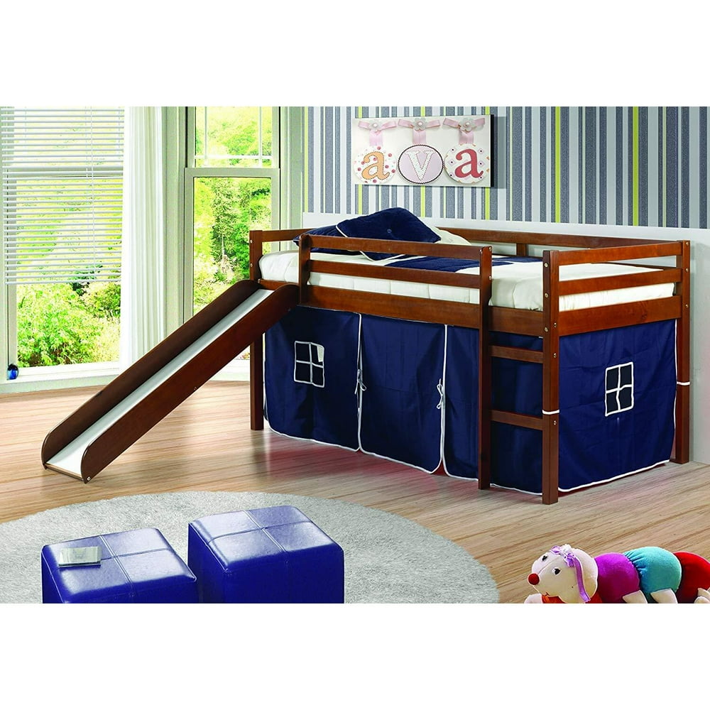 Donco Kids Low Loft Bed with Slide with Tent, Twin, Light Espresso/Blue
