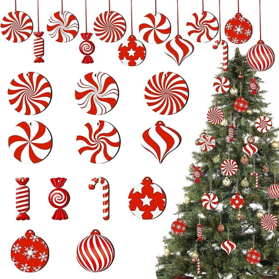 2D Wooden Christmas Tree Candy Ornament Set (12 Pieces)/ 12PCS Red & White Peppermint Candy Christmas Ornaments Set Festive Hanging Decorations For Christmas Tree Holiday Home & Xmas Decoration