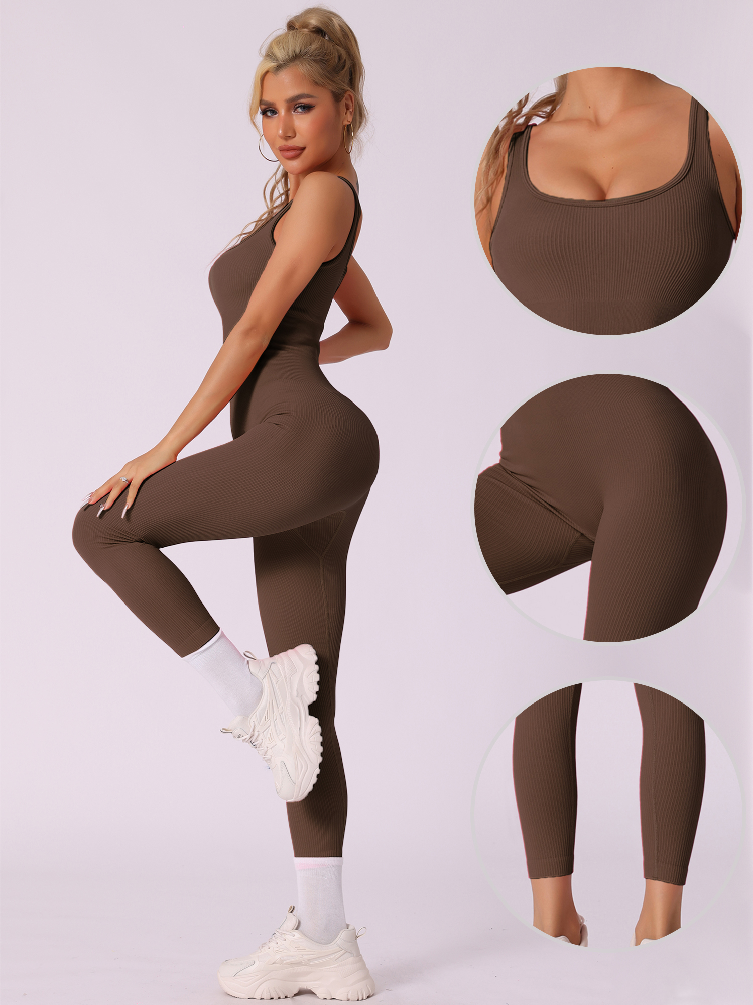 DARING DIVA U Neck Tummy Control Workout Sleeveless Bodysuit M Brown