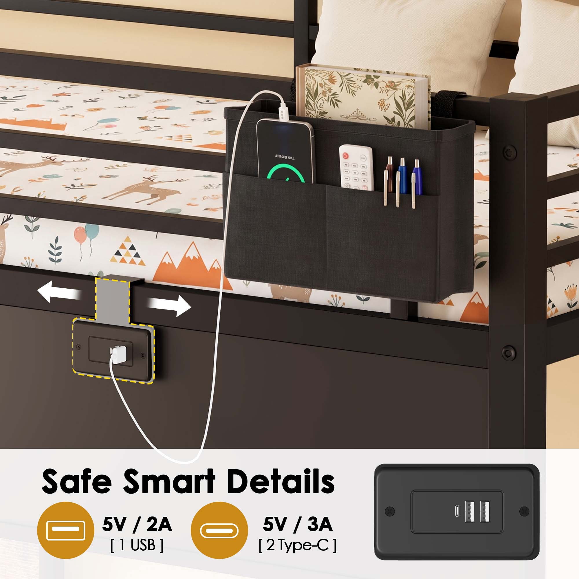 Miniyam Twin Size Metal Low Loft Bed with Storage Stairs and Blackboard,USB Charging, Black
