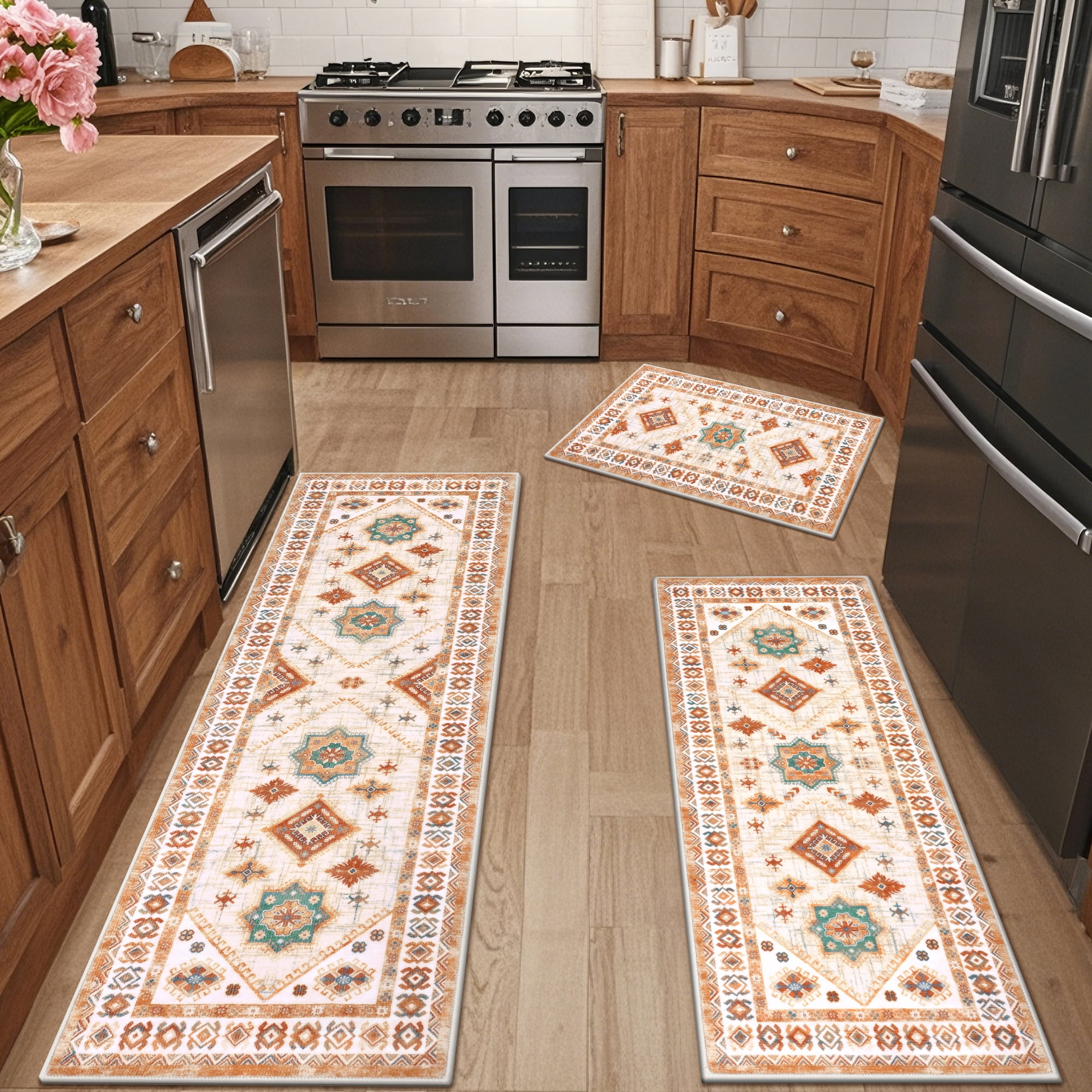 MeyJey Vintage Kitchen Rug Set, 3 Piece Non-Slip Kitchen Mat Machine Washable Runner Rug for Home Floor and Living Room, Beige/Orange