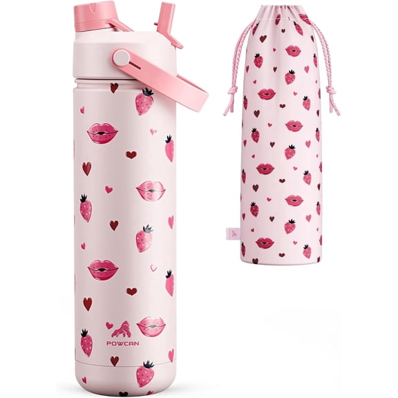 POWCAN 26 oz Insulated Water Bottle with 2-in-1 Straw and Spout Lid, Keep Cold 24H, Leak-Proof, Fits in Car Cup Holder, Stainless Steel Water Bottle for Sports, Travel and School (Kiss Me Berry)