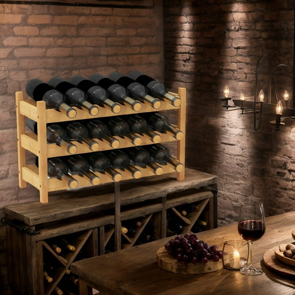 Resenkos 3-Tier Bamboo Freestanding Countertop Wine Bottle Organizer-Natural