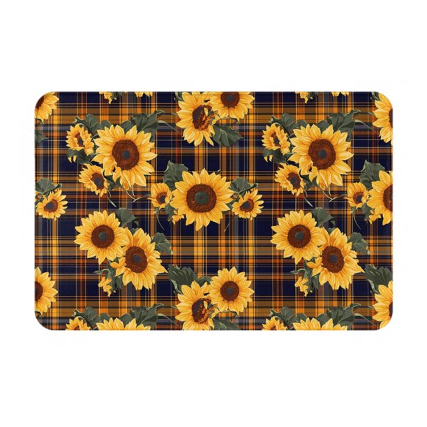 Balery Brown Blue Plaid Sunflower Felpudo de franela, resistente a las manchas y a la decoloración, para uso interior y exterior, fácil de limpiar, 40 x 60 cm