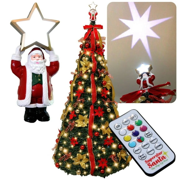 Superstar Santa Pop-Up Christmas Tree, AS-SEEN-ON-TV, Santa Topper Projects North Star, 7 Feet, Opens Instantly, Fully Decorated, Pre-Lit w/ 200 LED Lights, 7 colors, 32 Modes w/ Remote, Stores Flat