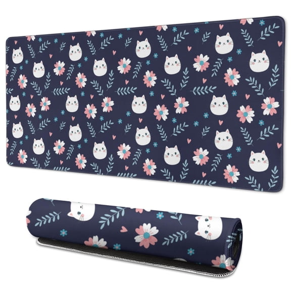 35.4x15.7 Inch Gaming Mouse Pad, Non-Slip Stitched Rubber Desk Mat for Desktop & Laptop,Cat Floral Dark Blue Pattern