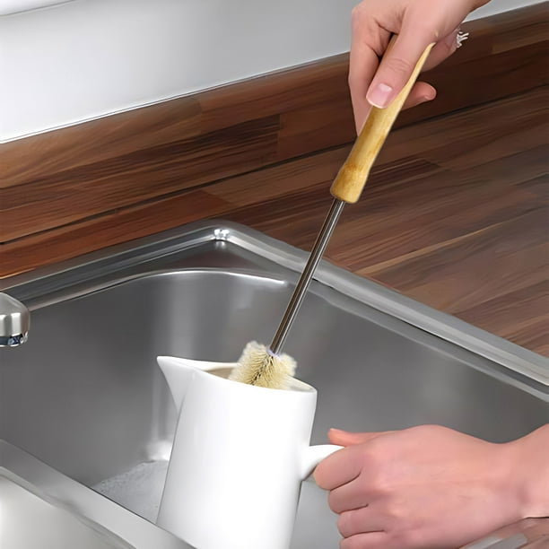 Cepillo de botella con mango de madera y cabeza flexible - Juego de 3 piezas para tazas, ollas y cubos - Cerdas de nylon suave, diseño en ángulo recto para limpieza profunda
