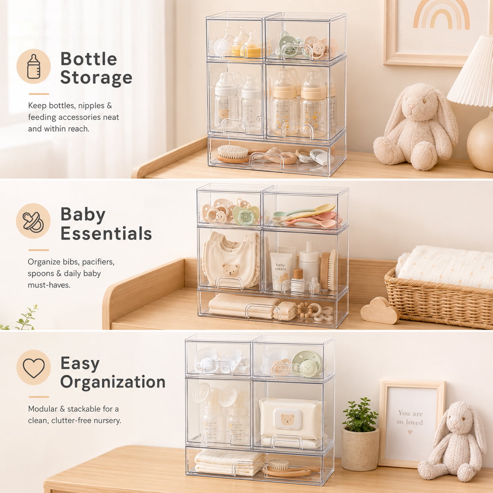 5-Piece Baby Bottle Organizer for Countertop, Clear Acrylic Drawer Set, Bottle Organizer for Pump Parts, Bottle Storage Organizer Baby for Nursery, Bathroom Vanity, Kitchen Counter
