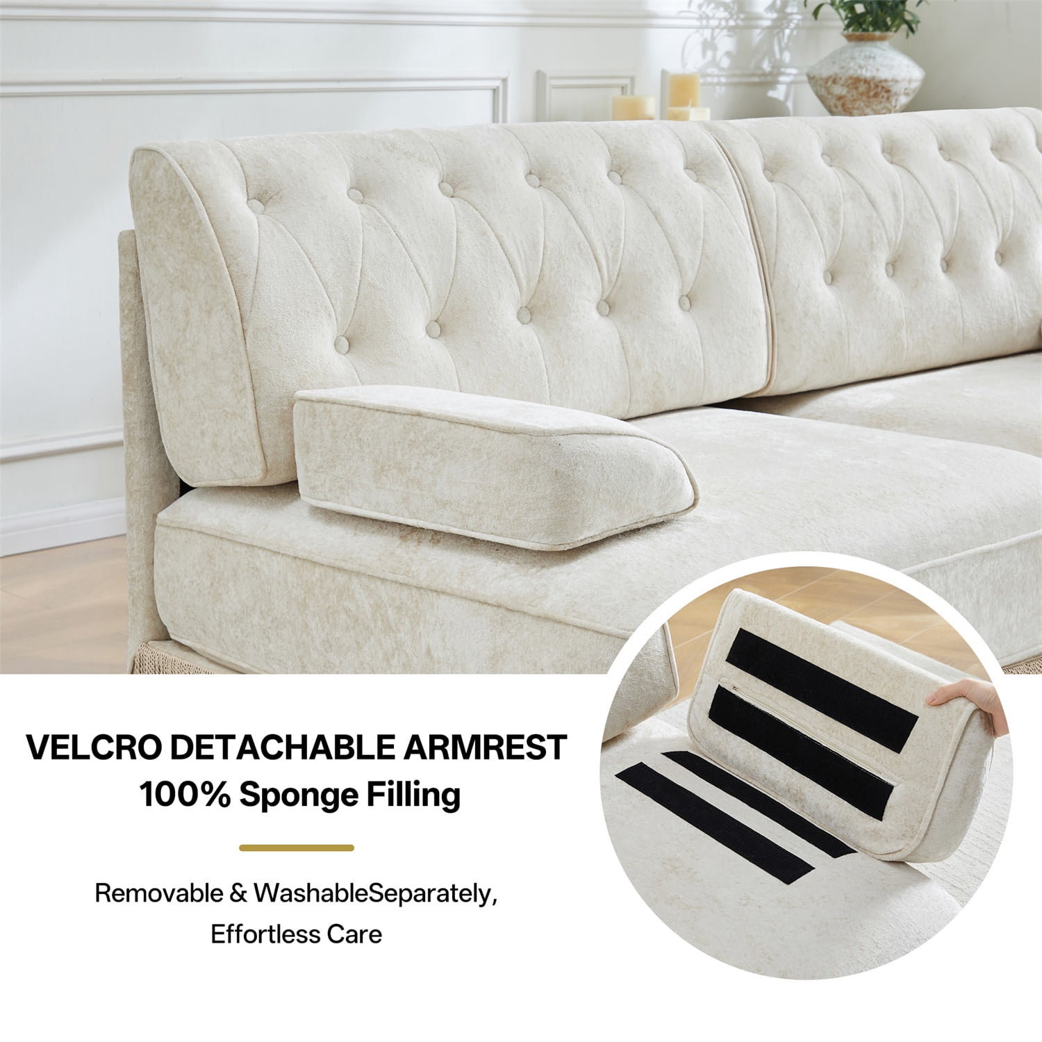 Hommoo 4-Seater Chesterfield Style Velvet Fabric U-Shaped Sectional Sofa with 2 Ottomans, Tufted Button Upholstered Design and Floor-grazing Tassel, Free Combination Sofa Couch Set, for Home, Beige