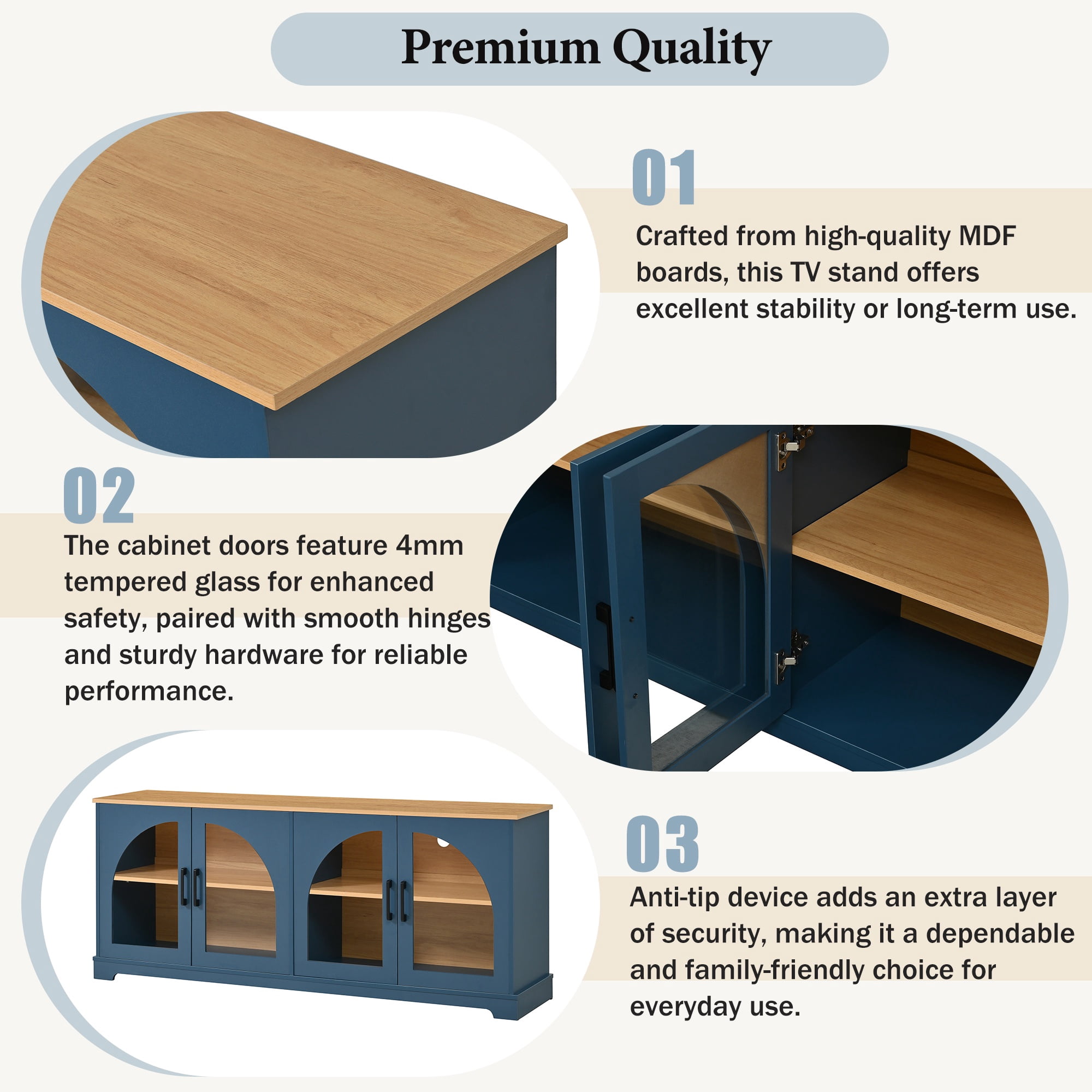 PORKISS Two-Tone TV Stand for 70", Vintage Media Console Cabinet with 4 Arched Tempered Glass Doors, Entertainment Center with Cable Management and Storage, Blue