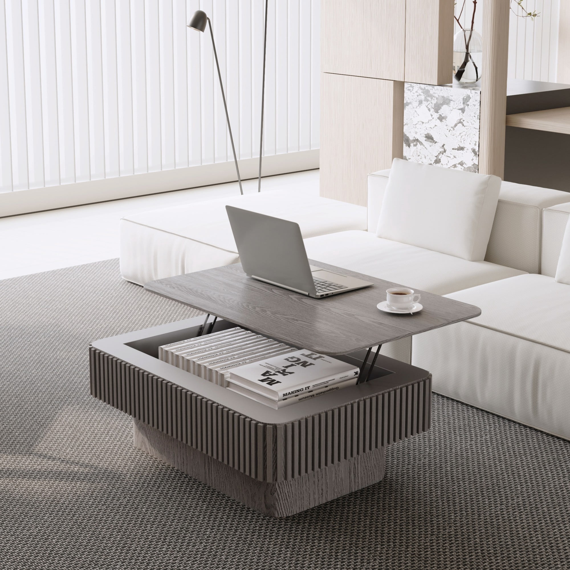 Lift Top Coffee Table with Storage, 38.6" Fluted Coffee Table with Adjustable Height, Modern Wood Veneer Center Table for Living Room, Grey