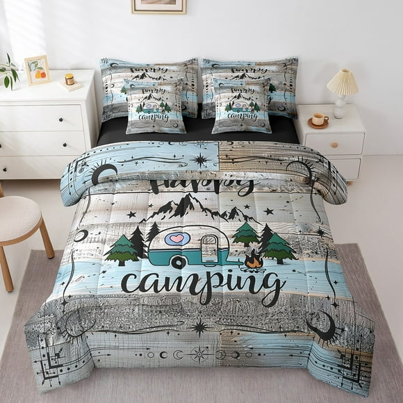 YST Camper Bedding Set King Happy Camping Comforter Set 7 Piece Rv Bunk Accessories Bed In A Bag For Travel Trailers,Boho Moon Stars Decor For Camper Car,Rustic Farmhouse Adventure Bed Set