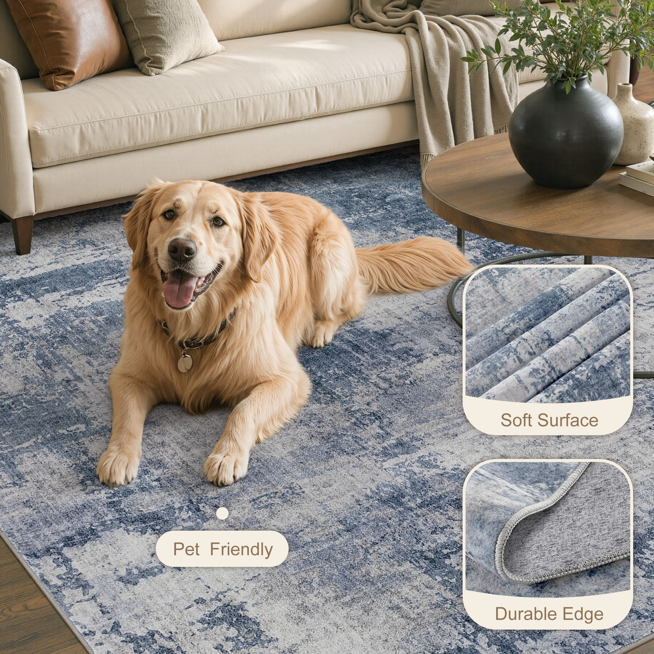 MICGEEK 9'x12' Abstract Area Rugs for Living Room, Stain Resistant Washable Rugs with Non-Slip Backing, Modern Carpet for Bedroom Dining Room Office Throw Rugs, Dark Blue
