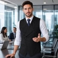 thumbnail image 2 of AZoiNM Men's Standard Fit Angled Placket Vest Lapel Collar Stretch Polyester Blend, 2 of 15