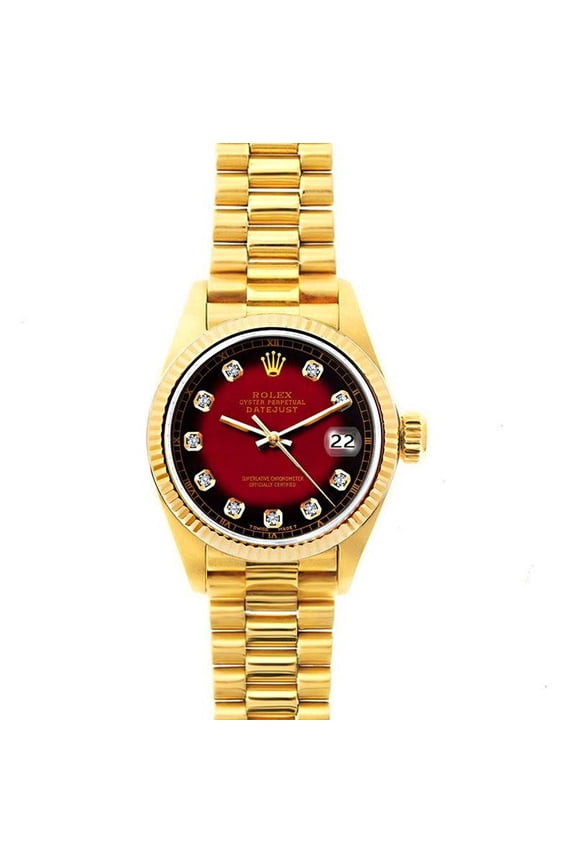 Pre-Owned Rolex Datejust 26MM 69178 Red Diamond Dial Fluted Bezel 18K Yellow Gold President Bracelet