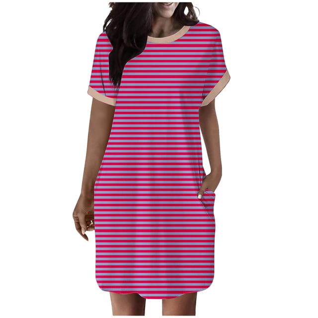 COM1950s Robe d'Été Décontractée pour Femmes, Robe à Manches 3/4 pour Femmes, Robe Décontractée à Rayures Imprimées Col Rond Sans Manches avec Poches, Robe pour Femmes Décontractée d'Été, Robe pour Femmes Décontractée