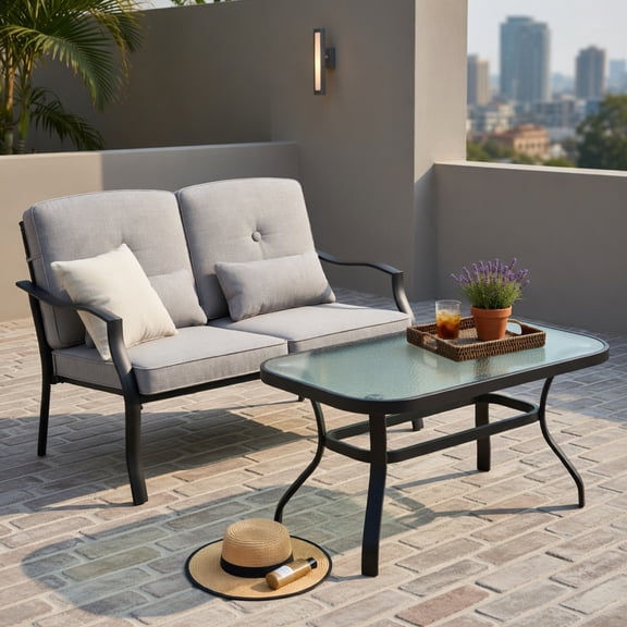 Hommoo Outdoor Loveseat Set with Tempered Glass Coffee Table, Metal Frame, Cushions, Heavy-Duty Patio Seating for Backyard, Poolside & Balcony, Gray