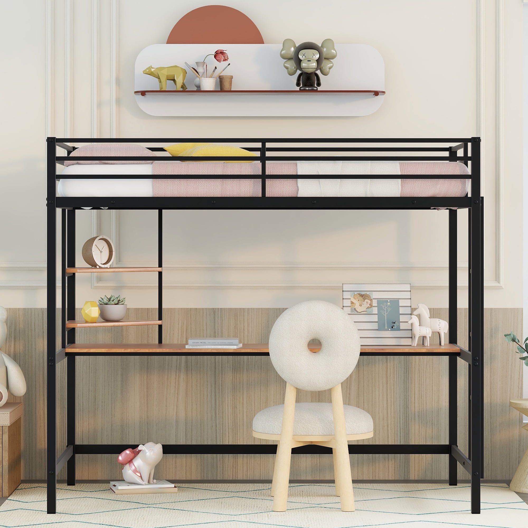 Gewnee Twin Heavy Duty Metal Loft Bed Frame  with Desk and Shelves ,Ladder and Full-Length Guardrail,Black