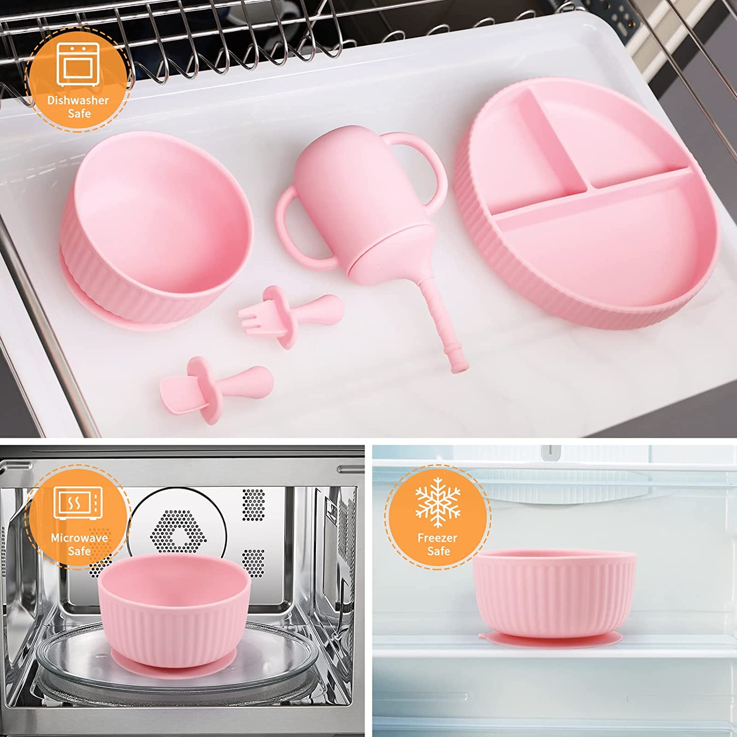 SKADE Baby Led Weaning Supplies,Complete Silicone Baby Feeding Set -  Includes Baby Plate, Spoon, Fork, Bib, Bowl, Water & Snack Cup - Food Grade  Silicone BPA Free - Dishwasher Safe (Dark Pink)