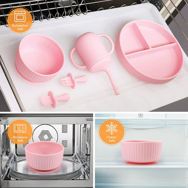 DSstyles Baby Led Weaning Supplies, 7 Pcs Silicone Toddler Feeding Utensils  - Adjustable Bibs, Suction Divided Plate, Placemat, Spoon, Fork, Suction  Bowls, Straw Sippy Cup - Aids Self Feeding Kit 